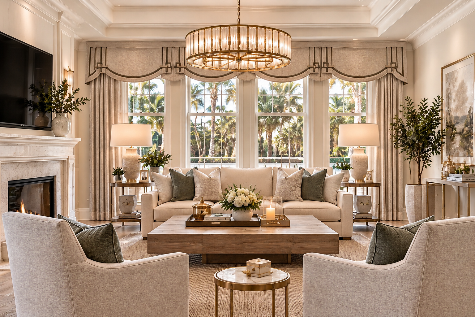 Elegant custom decorative swags, valances and cornices framing living room windows