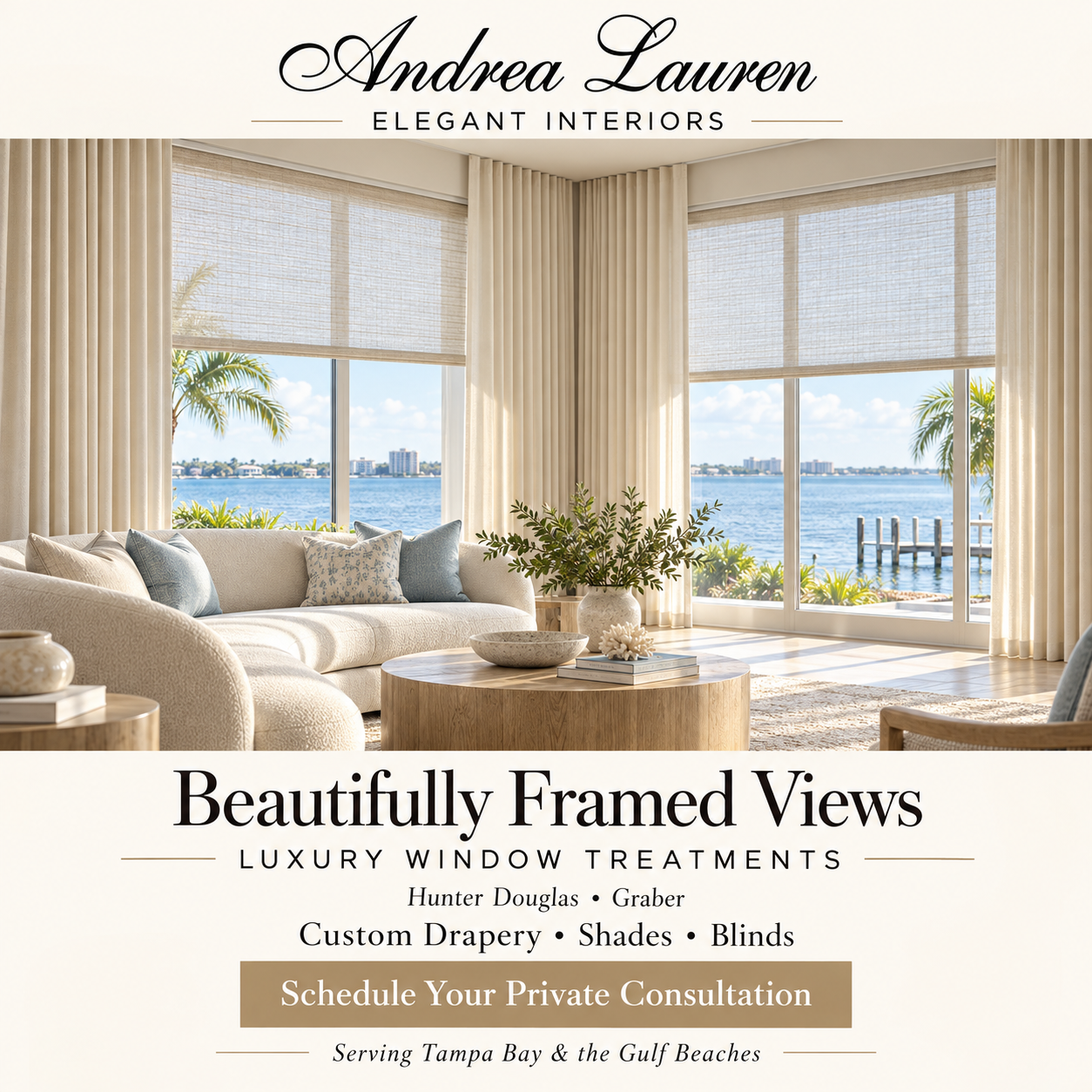 Waterfront living room with woven shades and custom draperies
