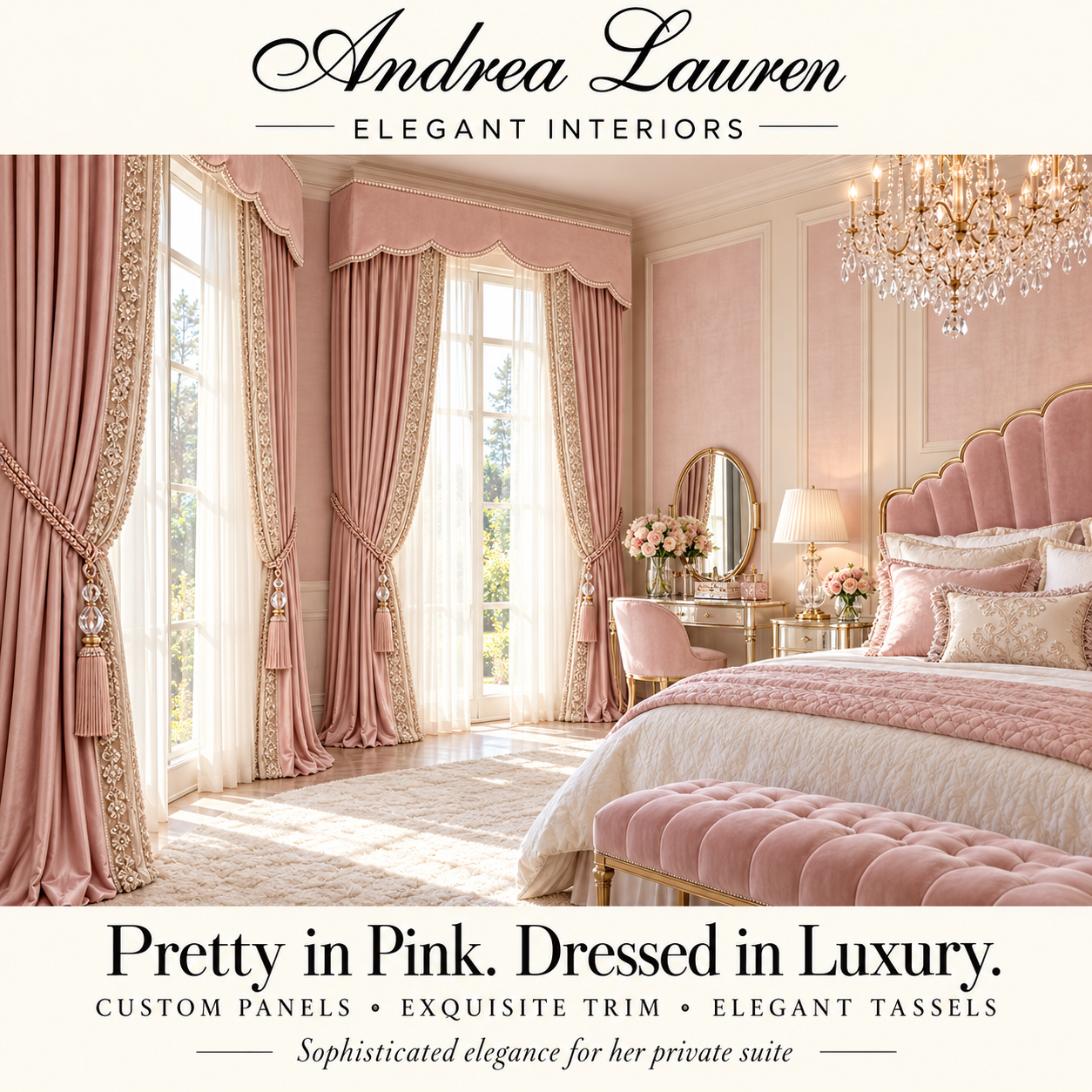 Pink luxury bedroom with elaborate custom draperies