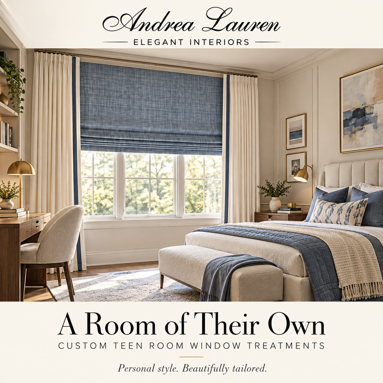 Custom Roman shades and coordinating draperies in a teen bedroom