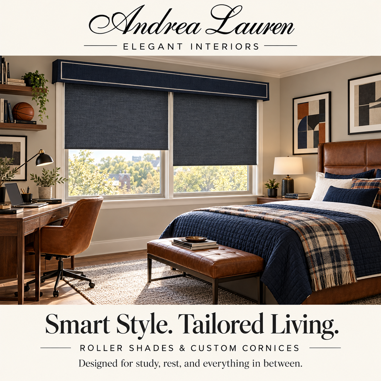 Custom roller shades and cornices in a bedroom