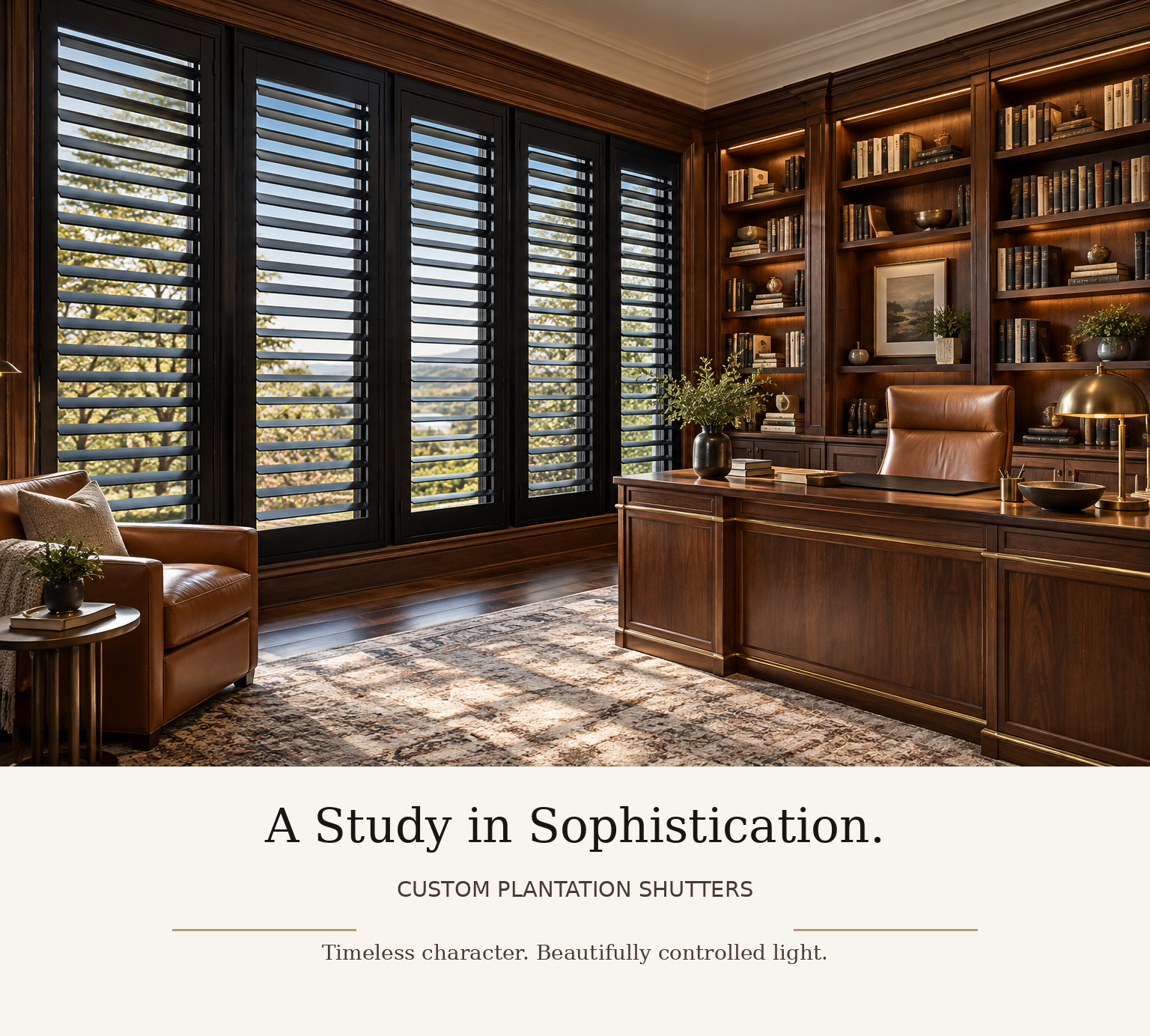 Dark plantation shutters in a refined home office with coordinating editorial caption
