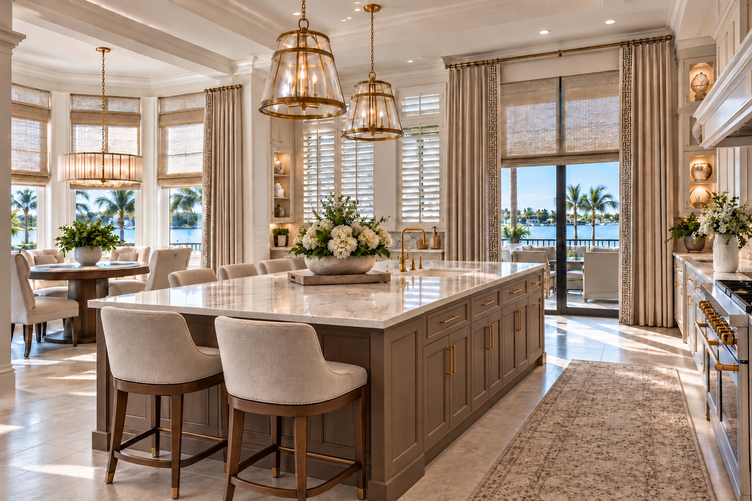 Neutral transitional kitchen with custom woven shades and elegant drapery panels