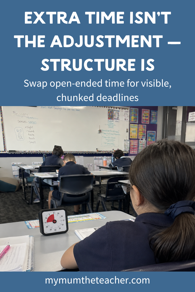 Visual timer strategy for ADHD students in the classroom, showing chunked task deadlines instead of open-ended extra time