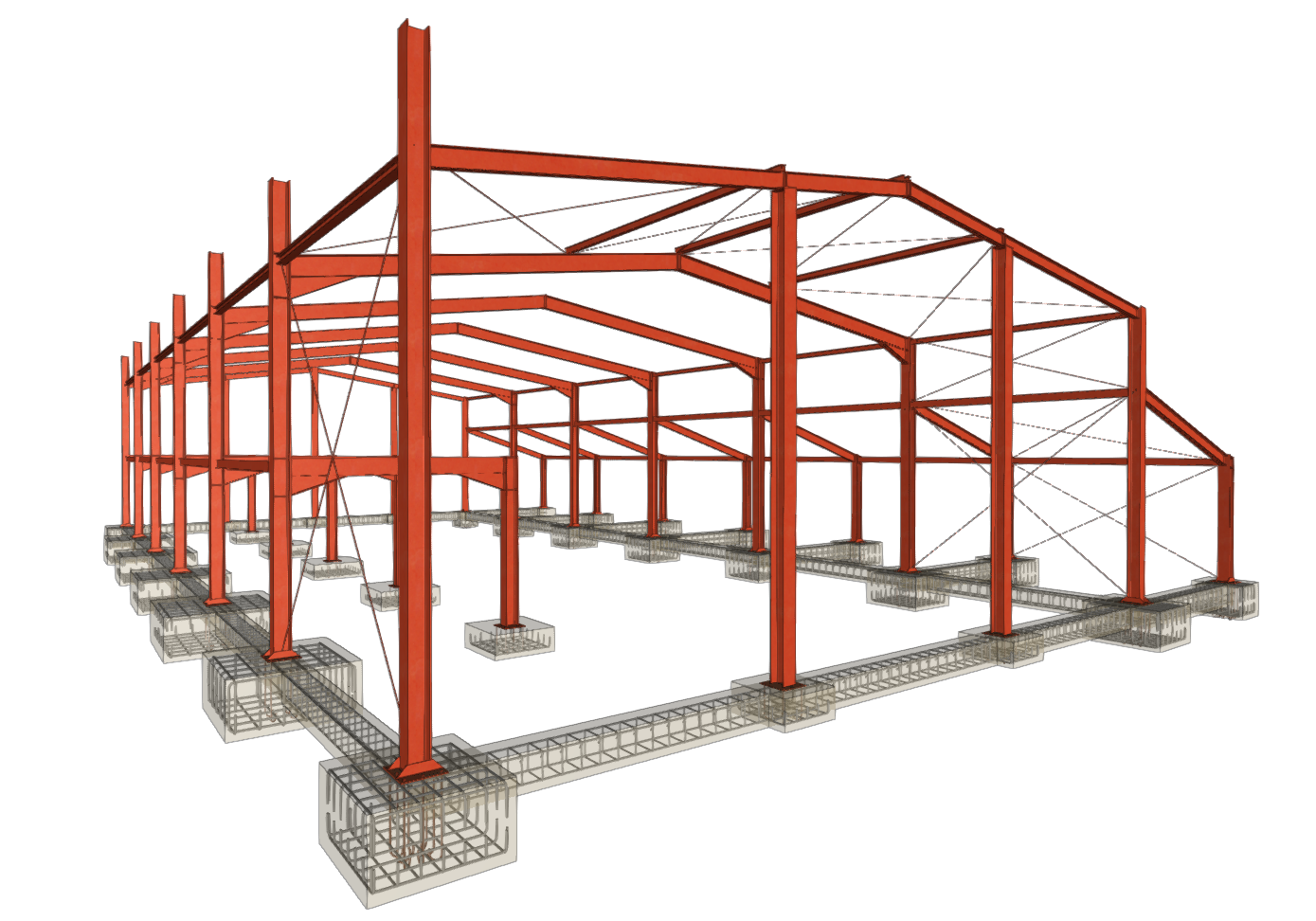Modelo de estructura metálica con pórticos, arriostramientos y cimentación