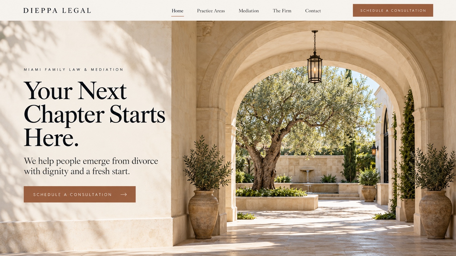 Open limestone archway framing a sunlit courtyard with a mature olive tree, symbolizing strength, growth, and new beginnings at Dieppa Legal