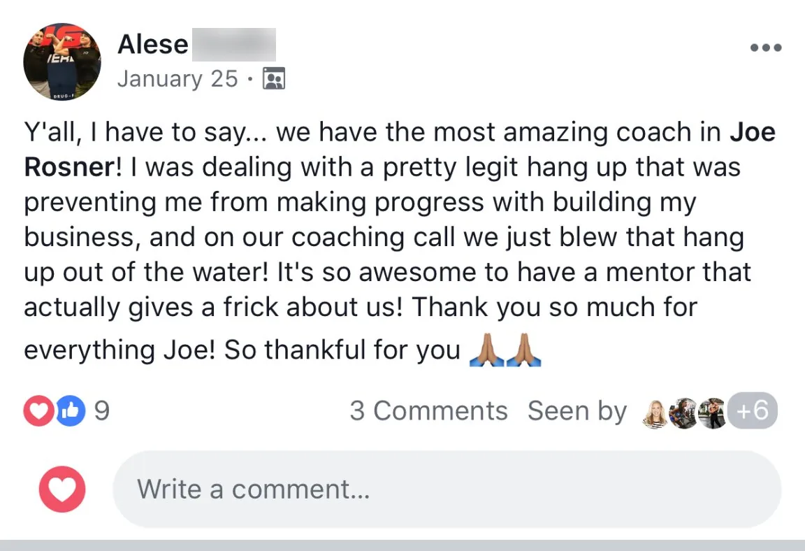 Alese’s post in the private mentorship Facebook group