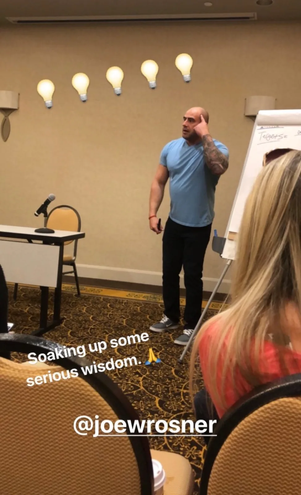 Kelly’s Instagram story at one of Joe’s live workshops: “Soaking up some serious wisdom.”