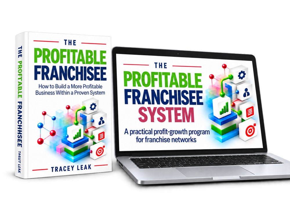 The Profitable Franchisee book and The Profitable Franchisee System on a laptop