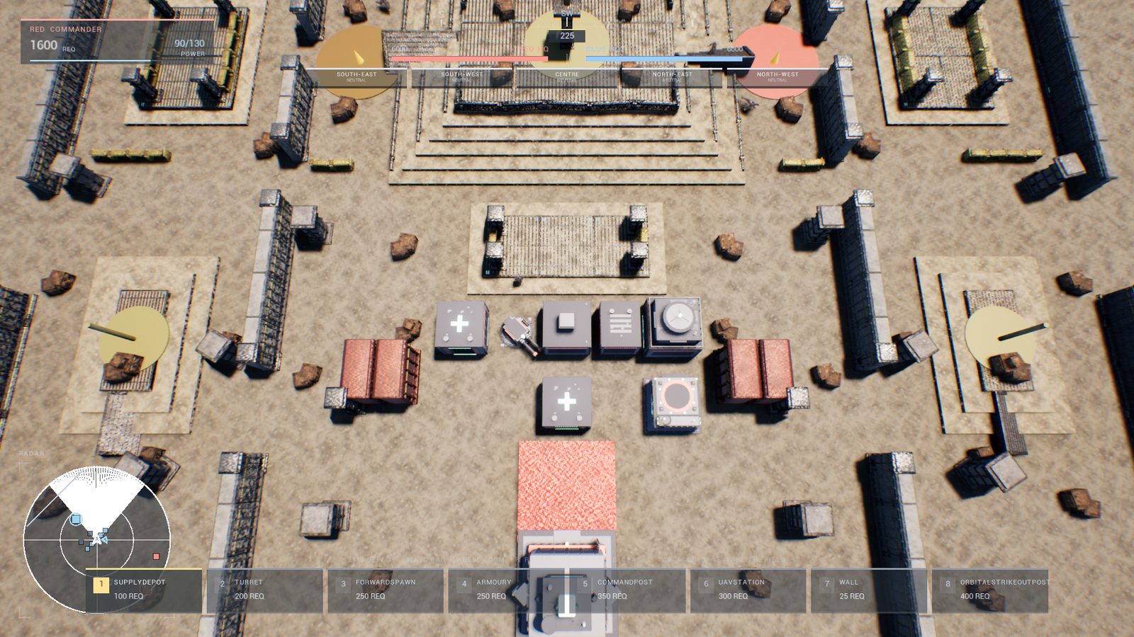 Frontline commander view — top-down base layout with build palette, requisition and power readout, and minimap