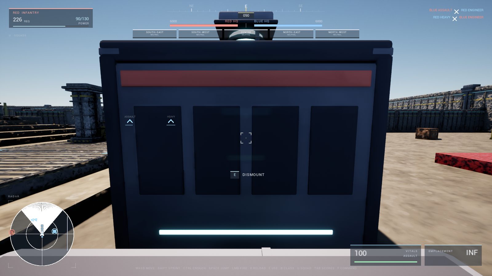 First-person view of a soldier mounted on a commander-placed turret, with the dismount prompt visible in the HUD