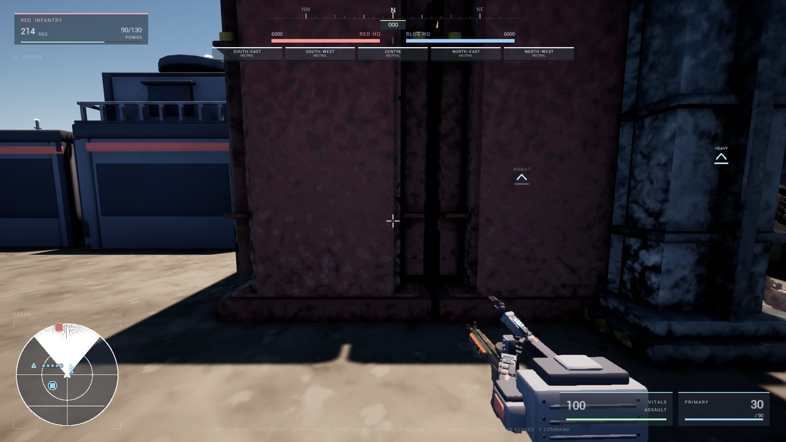 Frontline first-person view — rifle in frame, enemy HQ wall ahead, full combat HUD with radar and objective bars