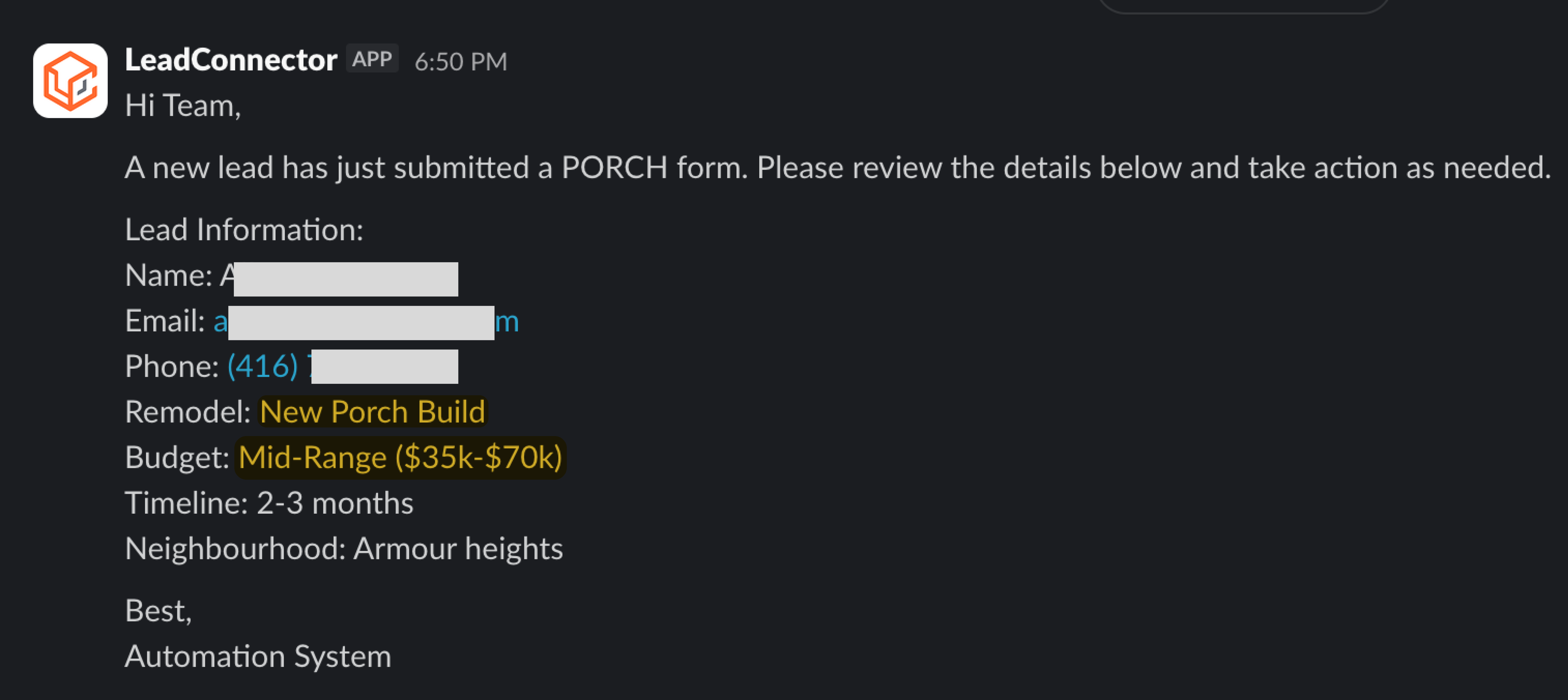 Slack lead notification