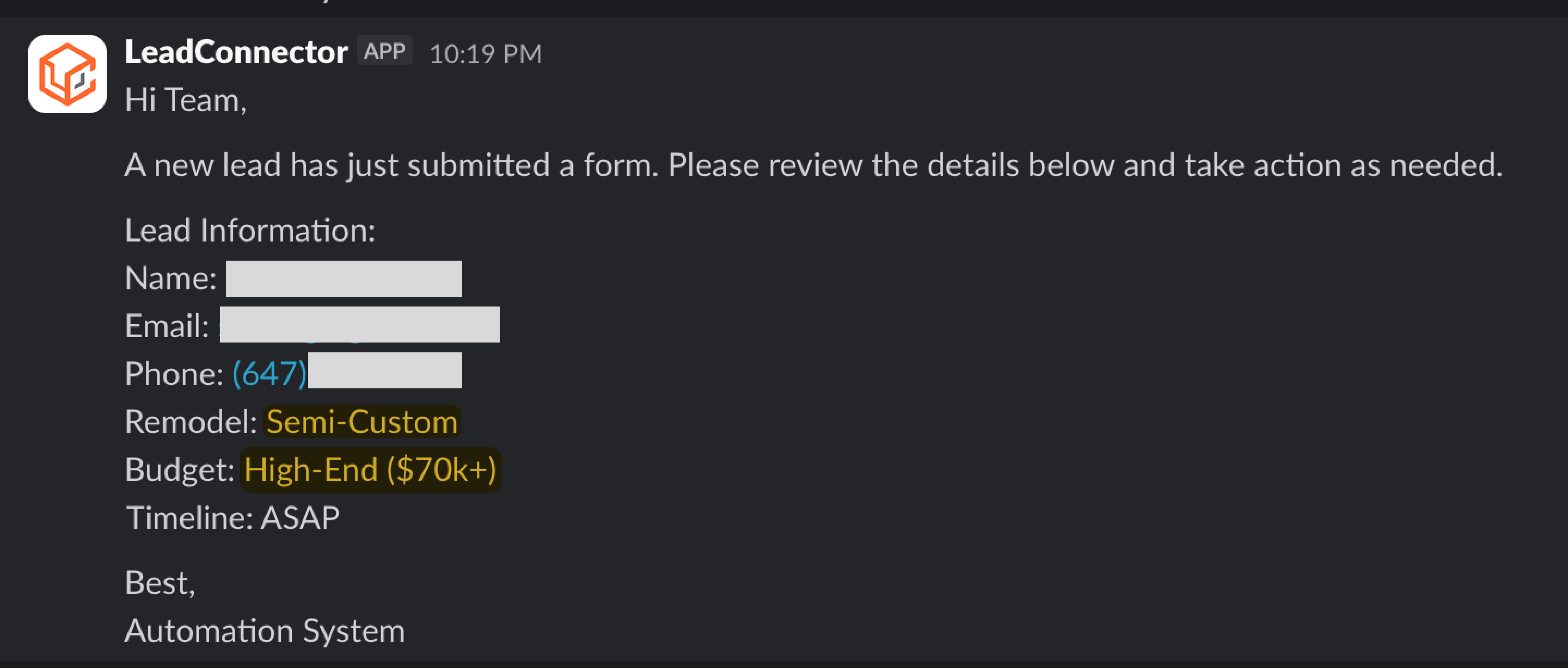 Slack lead notification