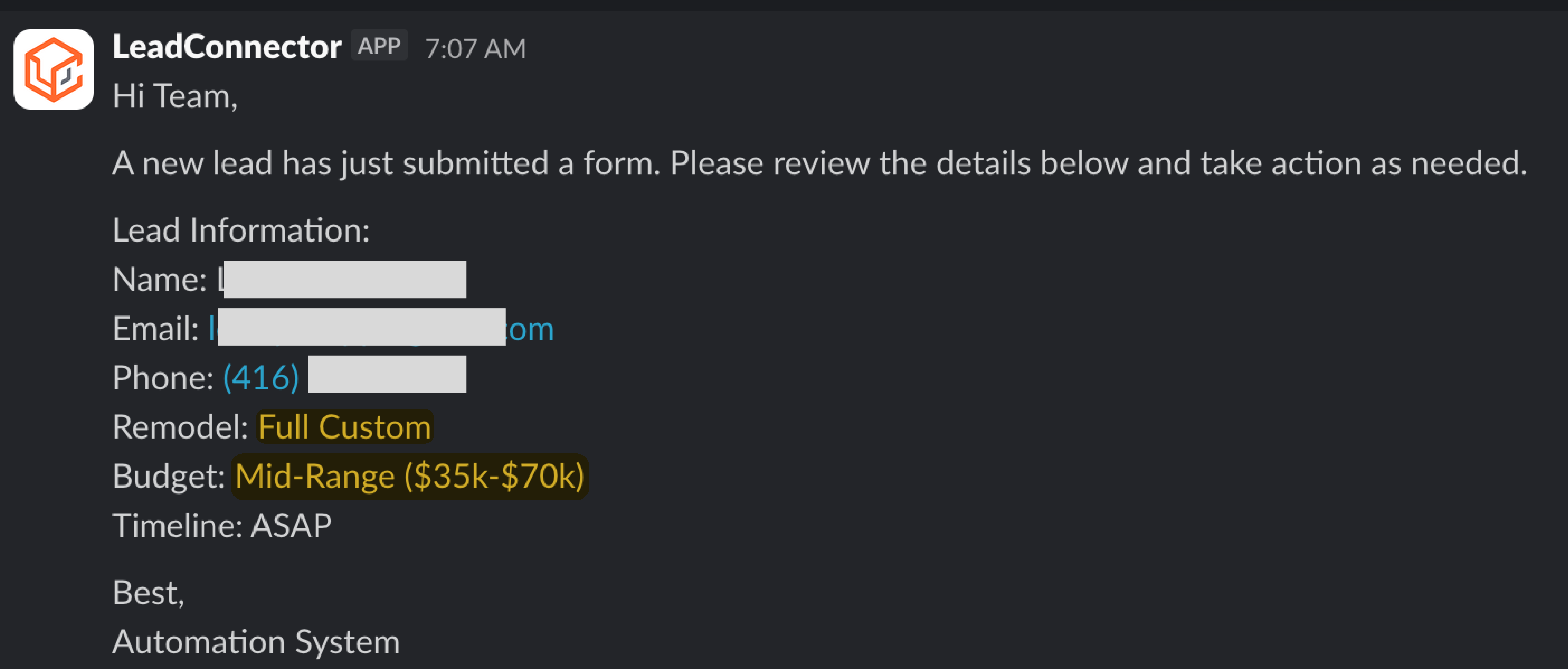 Slack lead notification
