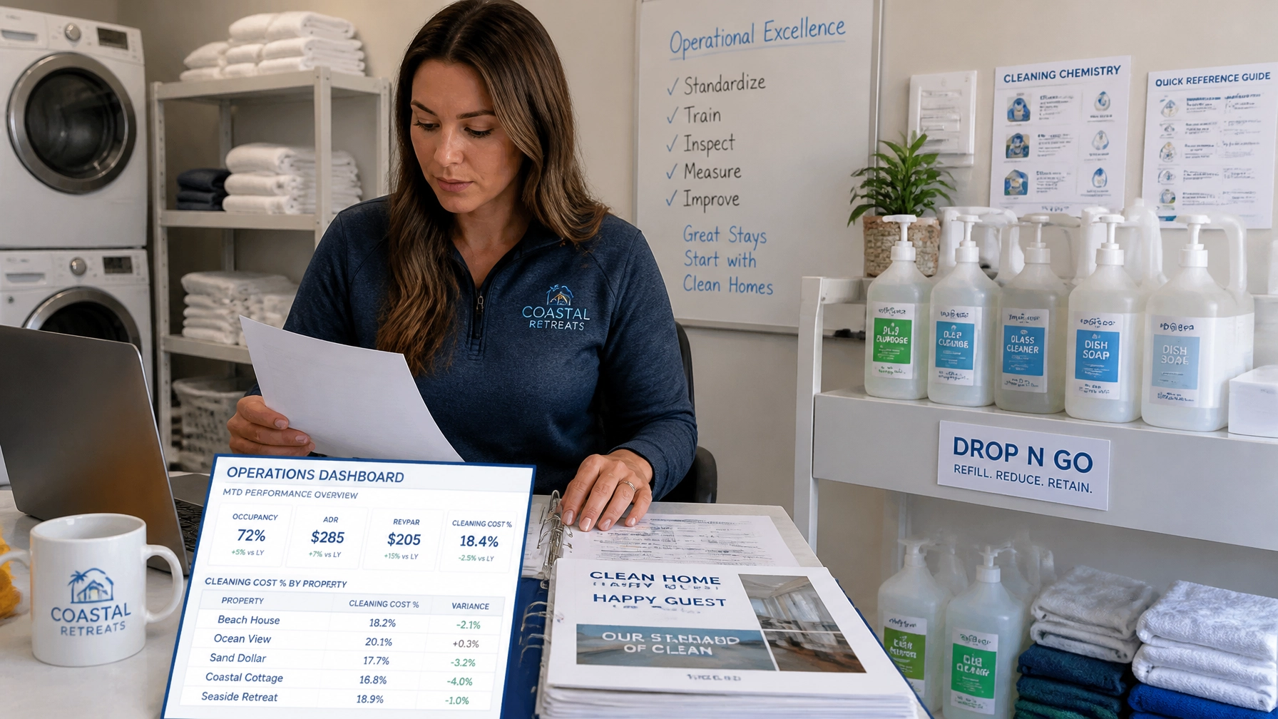 Operations manager reviewing a dashboard of cleaning costs and cleaning standards at a vacation rental laundry and supply room