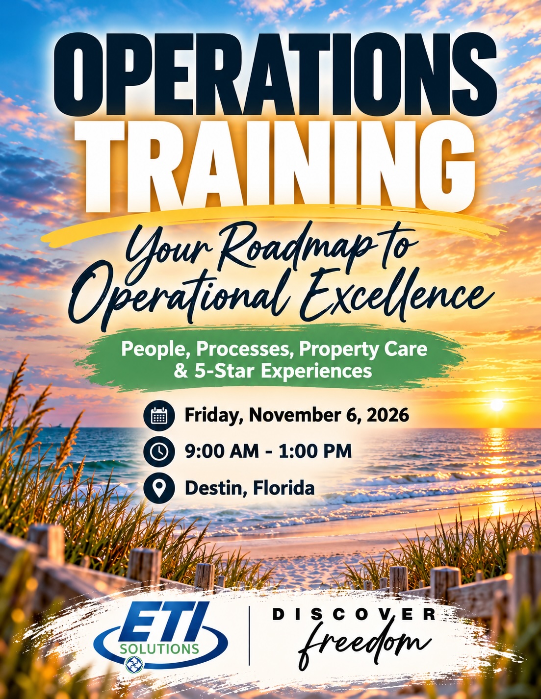 ETI Solutions Operations Training flyer for Destin, Florida: People, Processes, Property Care and 5-Star Experiences