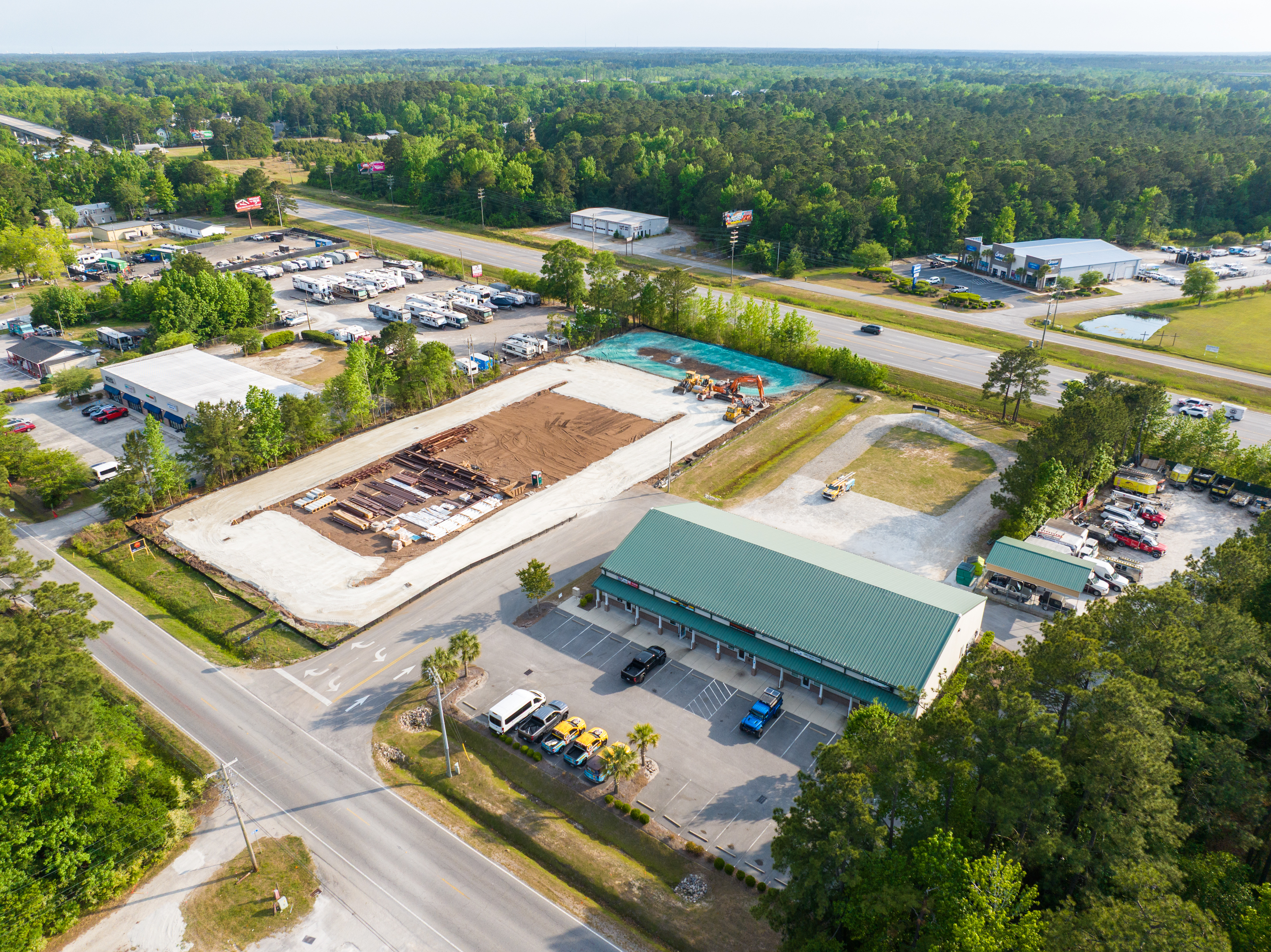 Aerial view showing HWY 544 frontage and construction pad