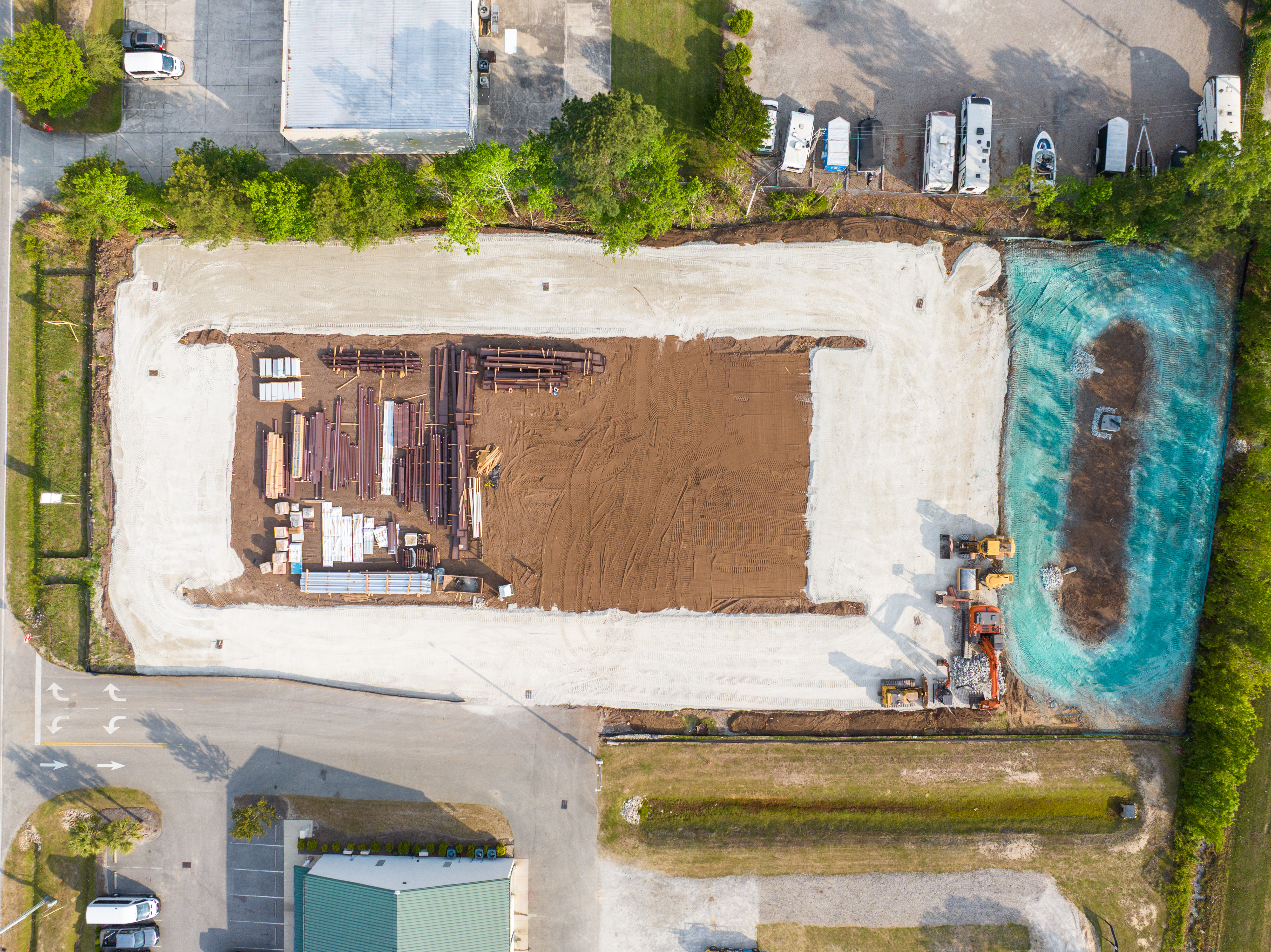 Overhead view of construction site showing foundation work