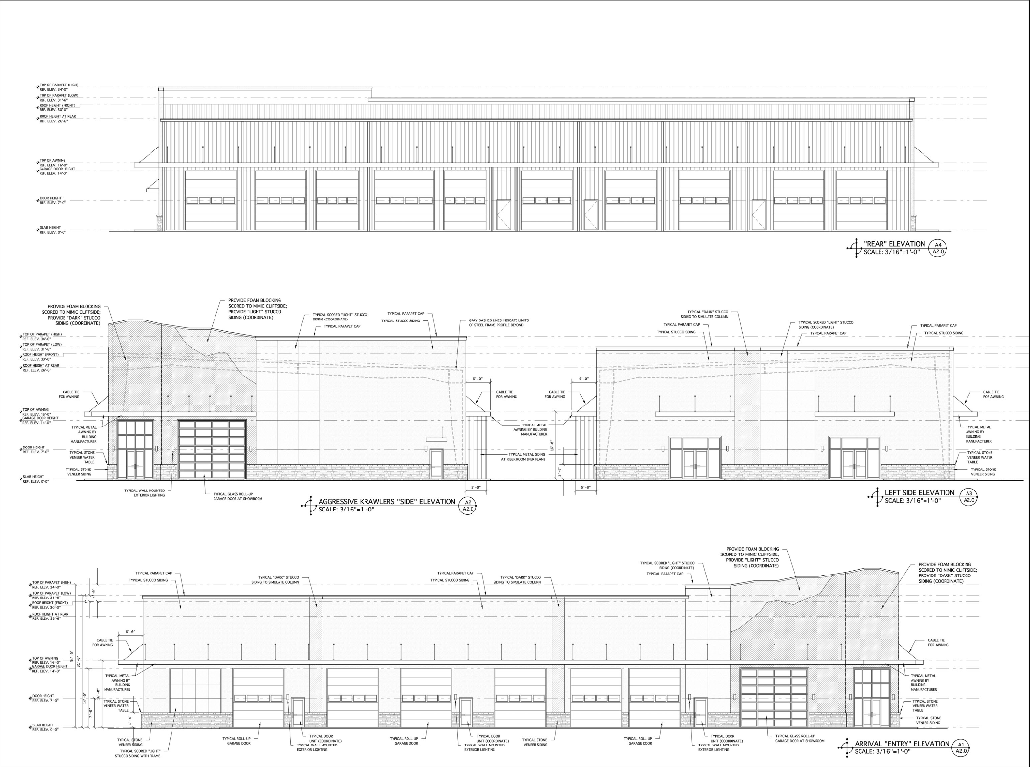 Slick Rock Center building elevations — front, rear, and side views