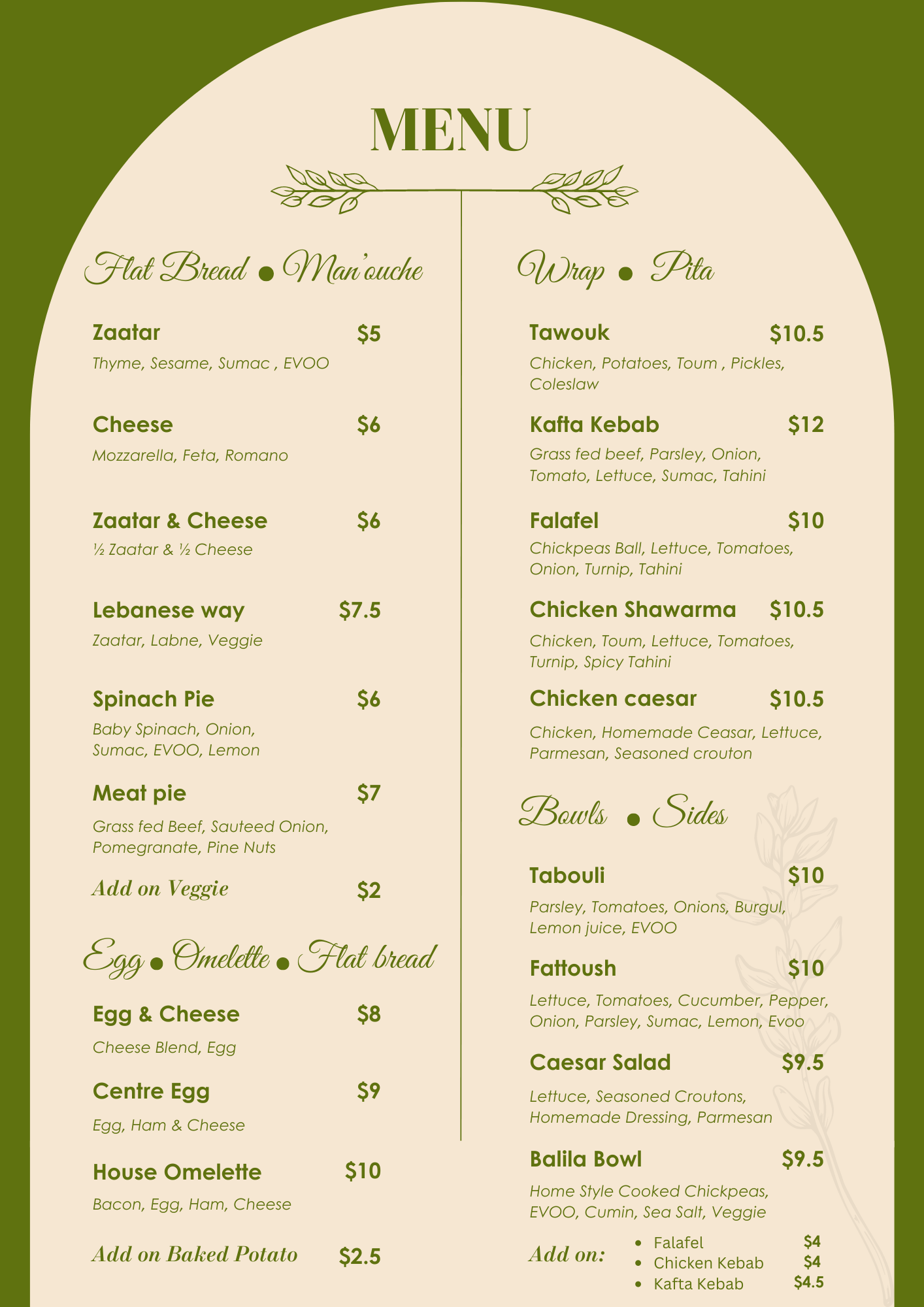 Bread Thyme Menu Lebanese Restaurant in Boston