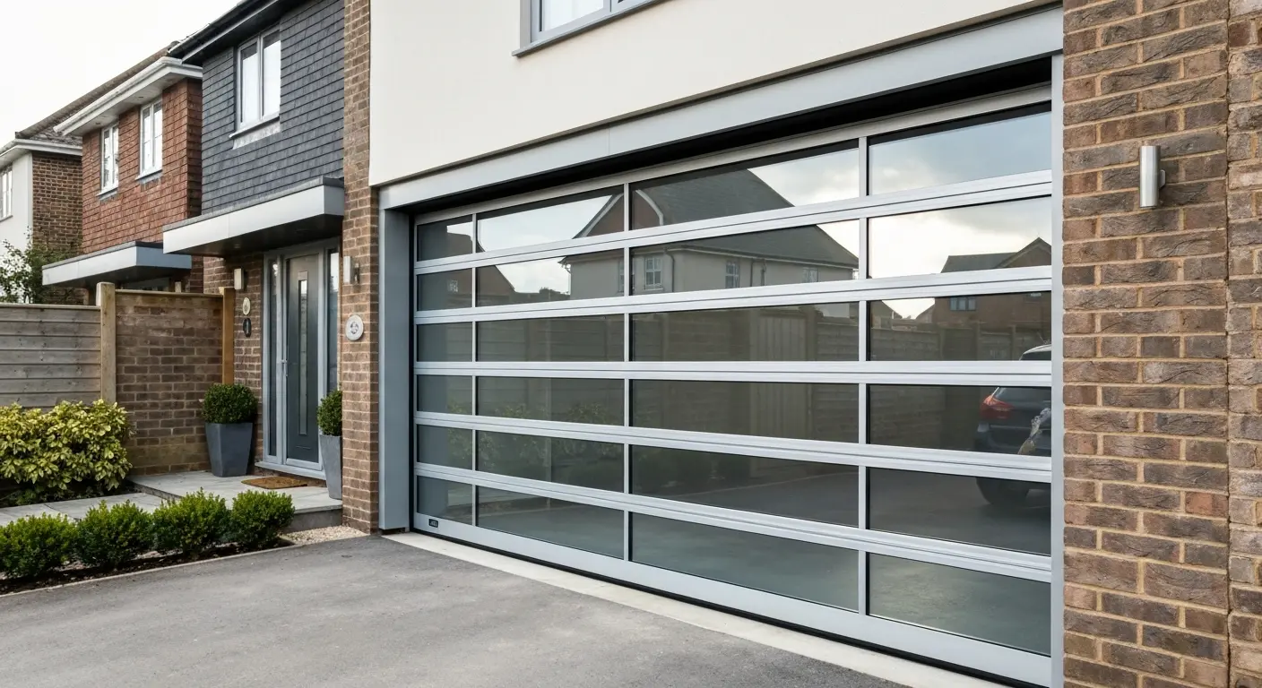 Modern glass and aluminum garage door