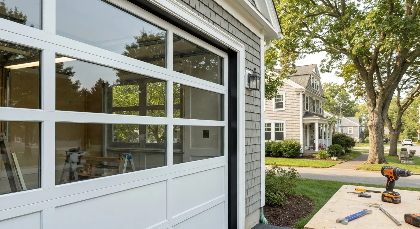 Partial-view modern garage door installation