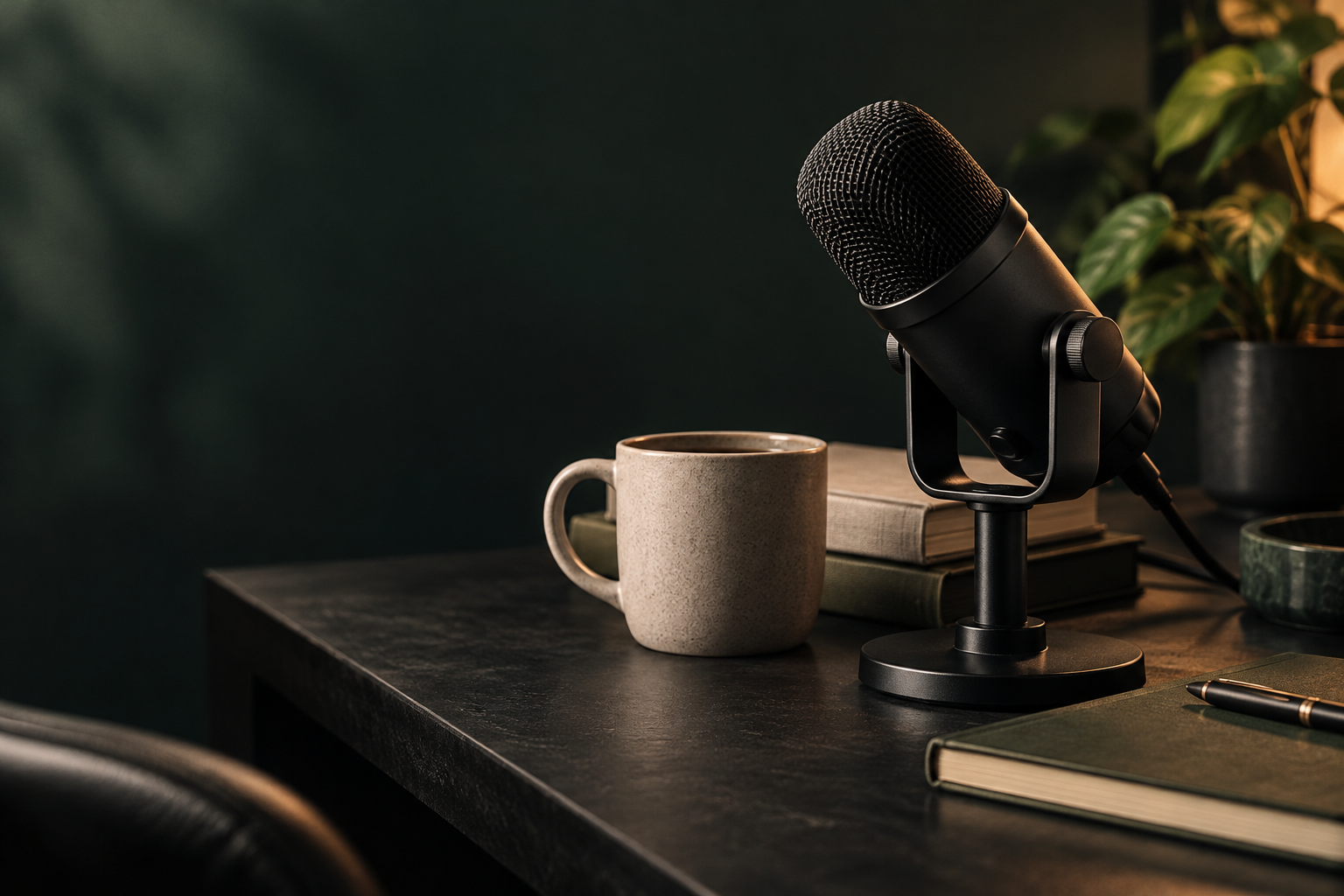 A podcast microphone beside books and a coffee mug