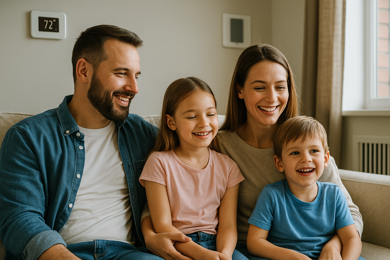 Happy family standing in front of their modern home with solar panels on the roof, symbolizing clean energy and long-term savings.