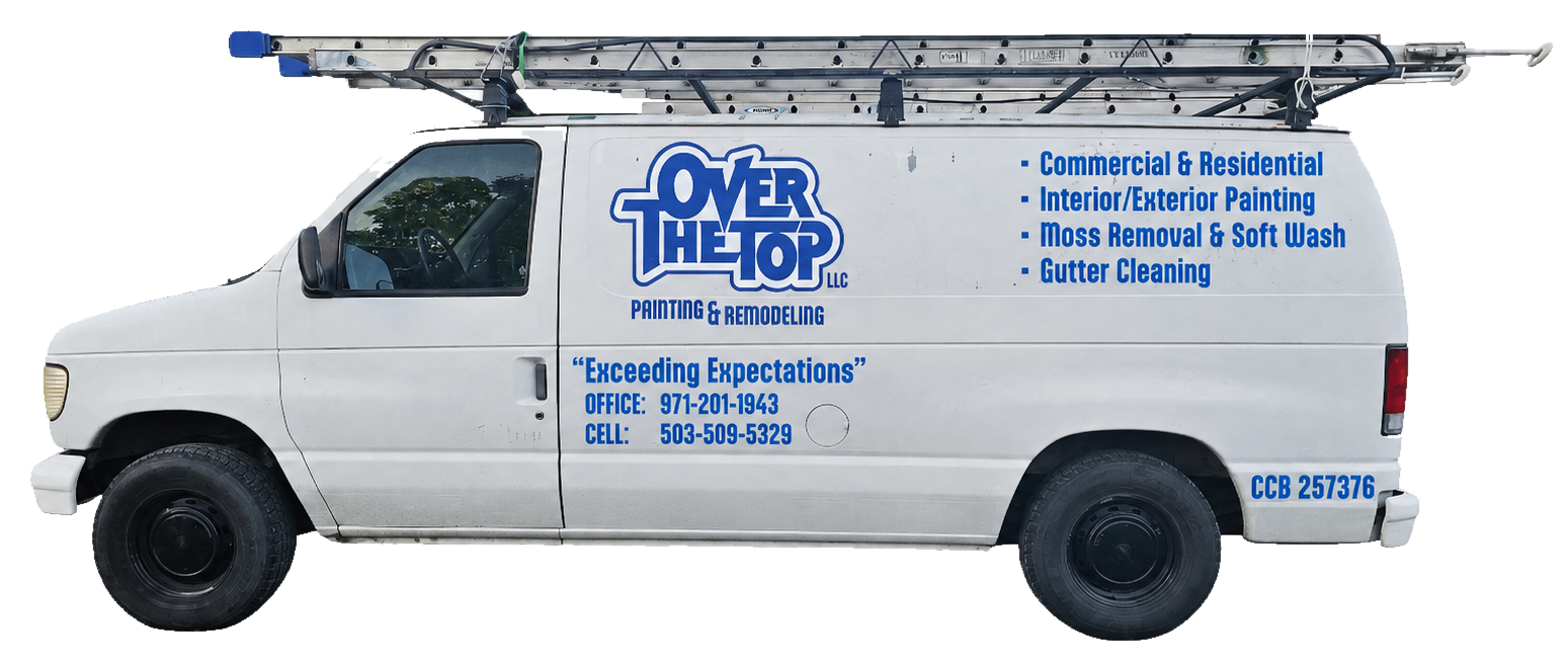 Over The Top Painting & Remodeling branded ladder van, side view