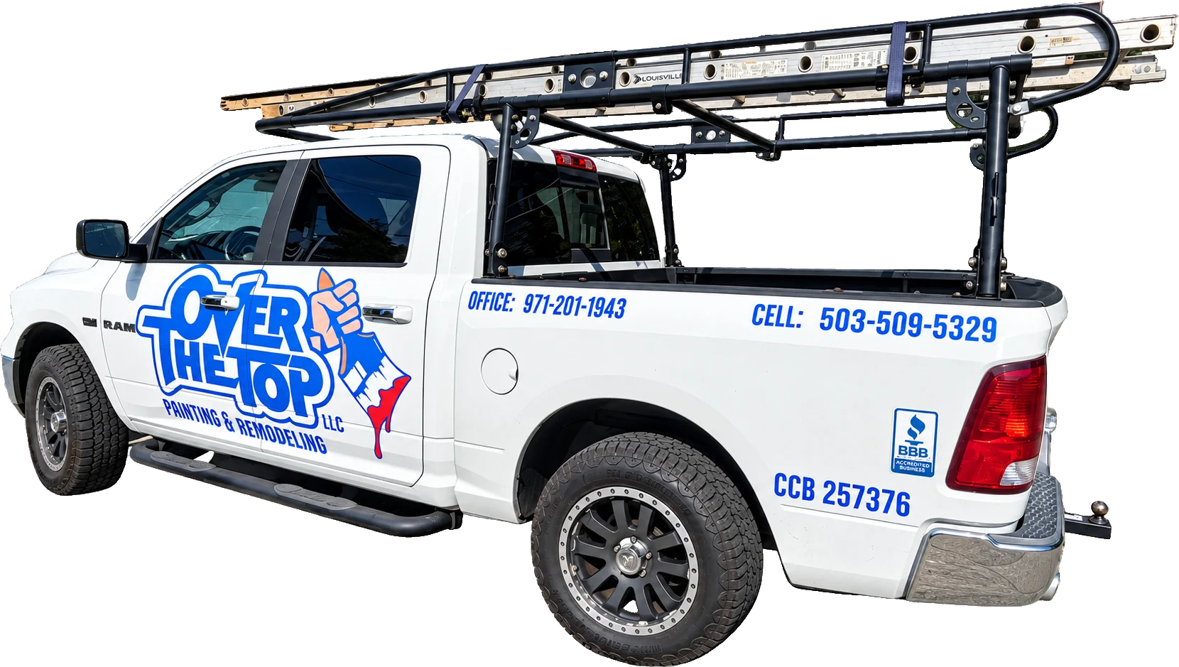 Over The Top Painting & Remodeling branded work truck, rear three-quarter view