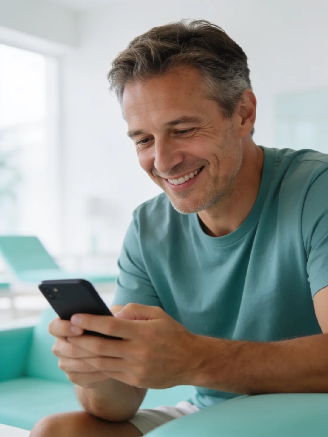 A man smiling at a text message on his phone in a bright lounge