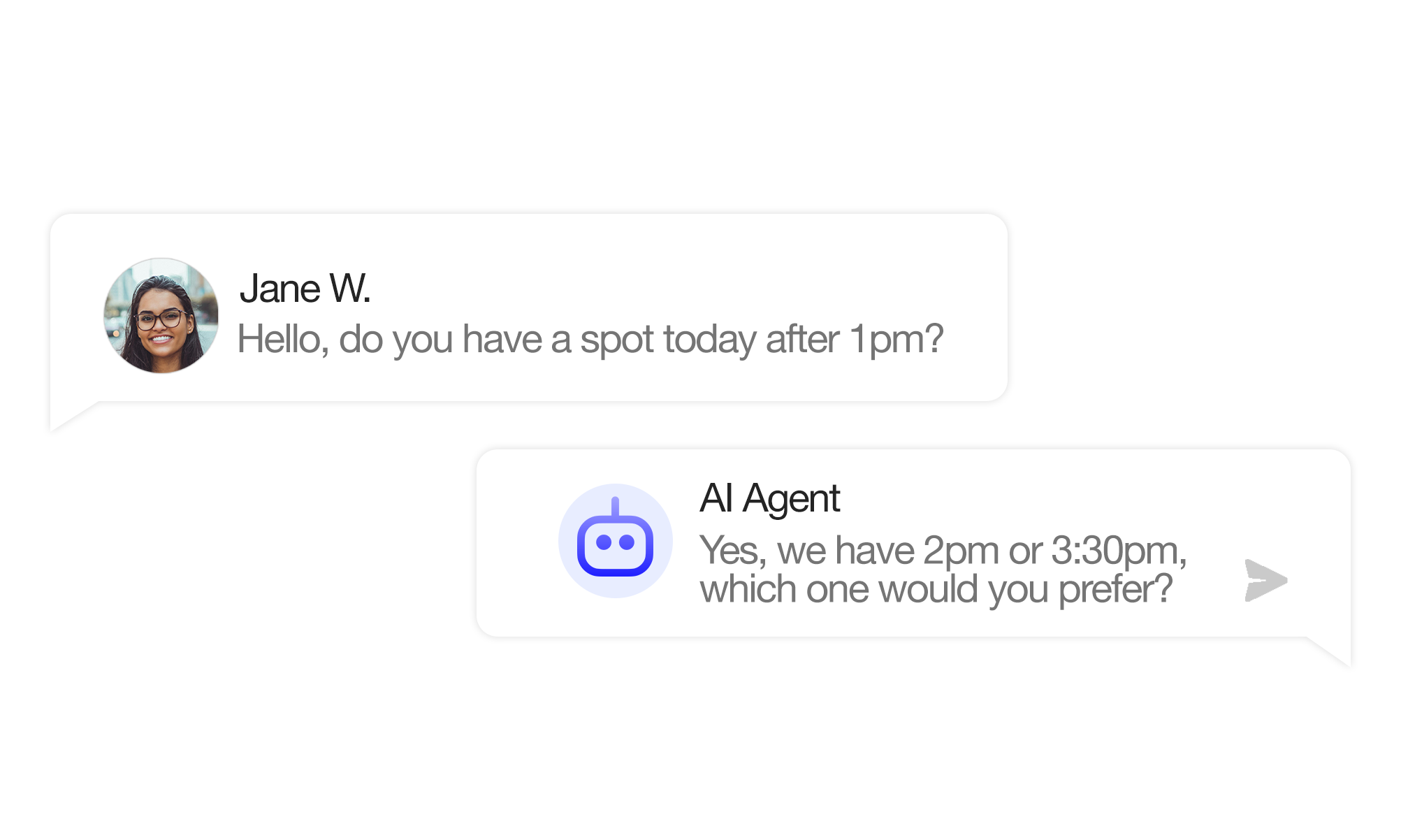 AI chatbot conversation booking appointments online. Example of automation in website creation and digital marketing.