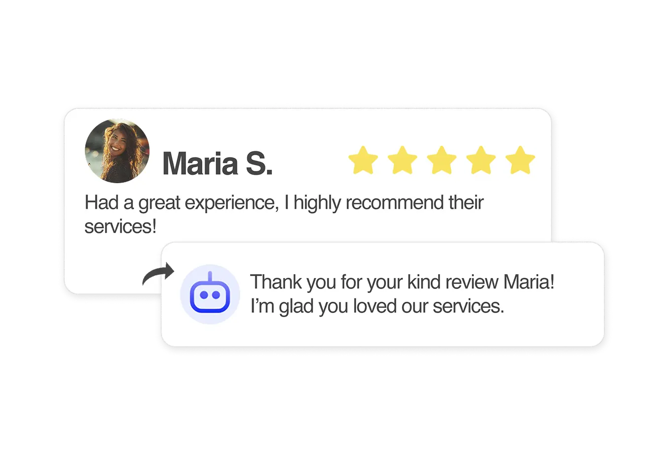Five-star review from Maria S. with an AI chatbot auto-reply thanking her, showing automated review management.
