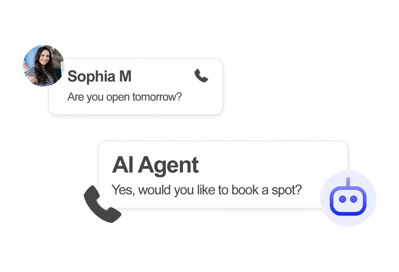 AI chatbot conversation with Sophia M asking about hours, and the AI replying with booking help, showing smart digital marketing.