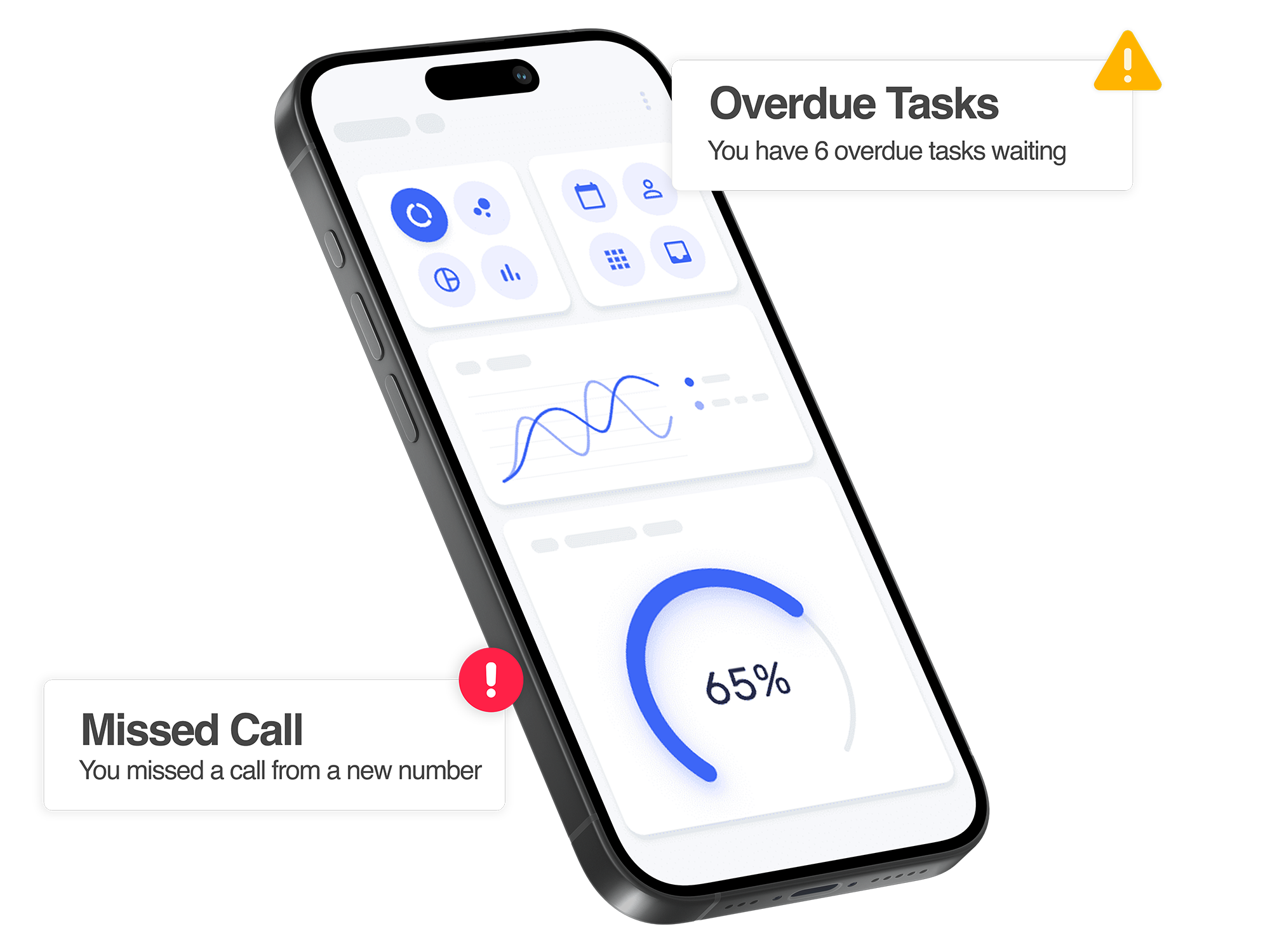 Mobile dashboard showing AI chatbot alerts, missed call text back, and digital marketing results.