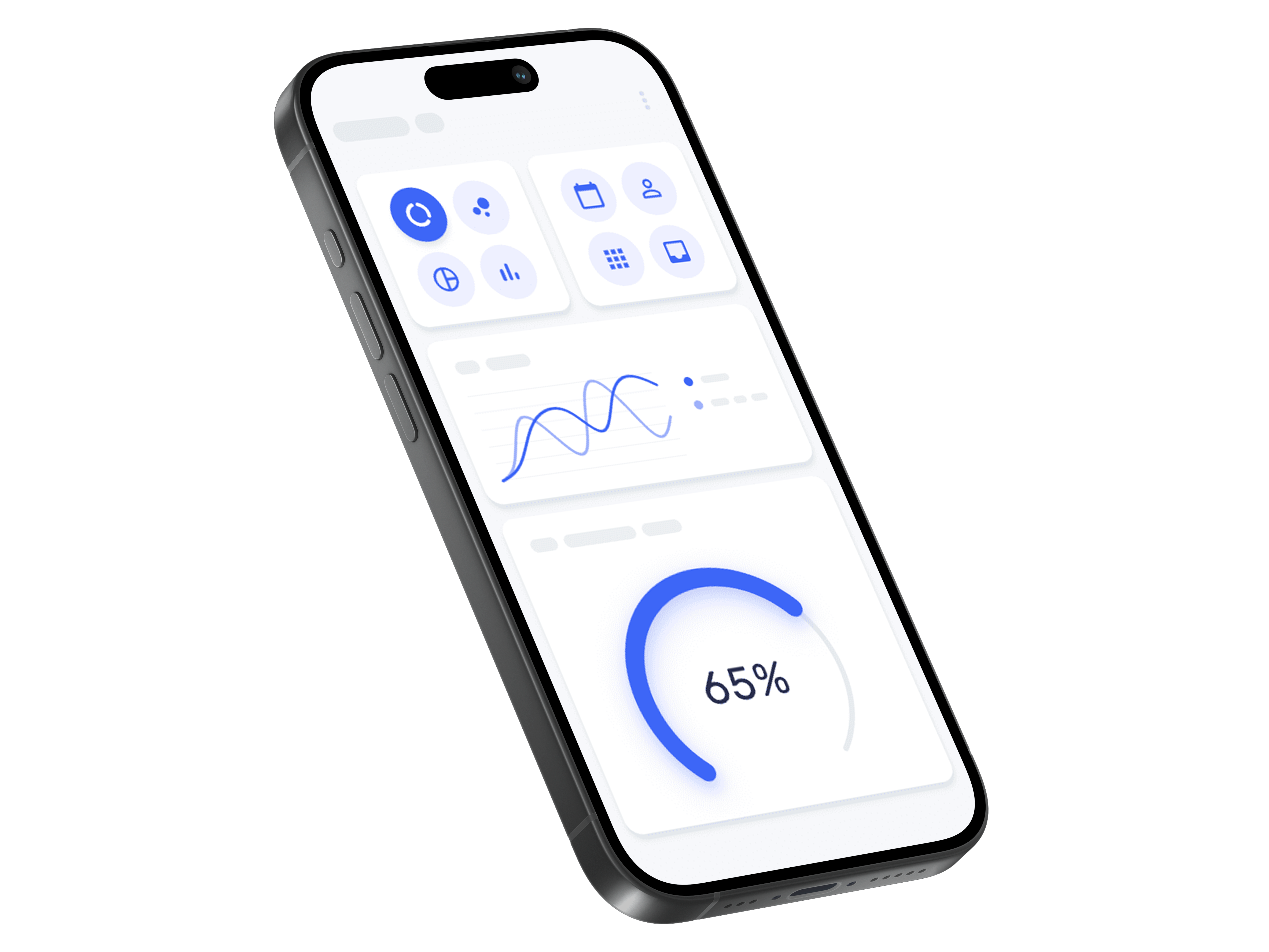 Phone screen showing AI marketing dashboard with graphs and analytics, highlighting website creation and digital marketing results.