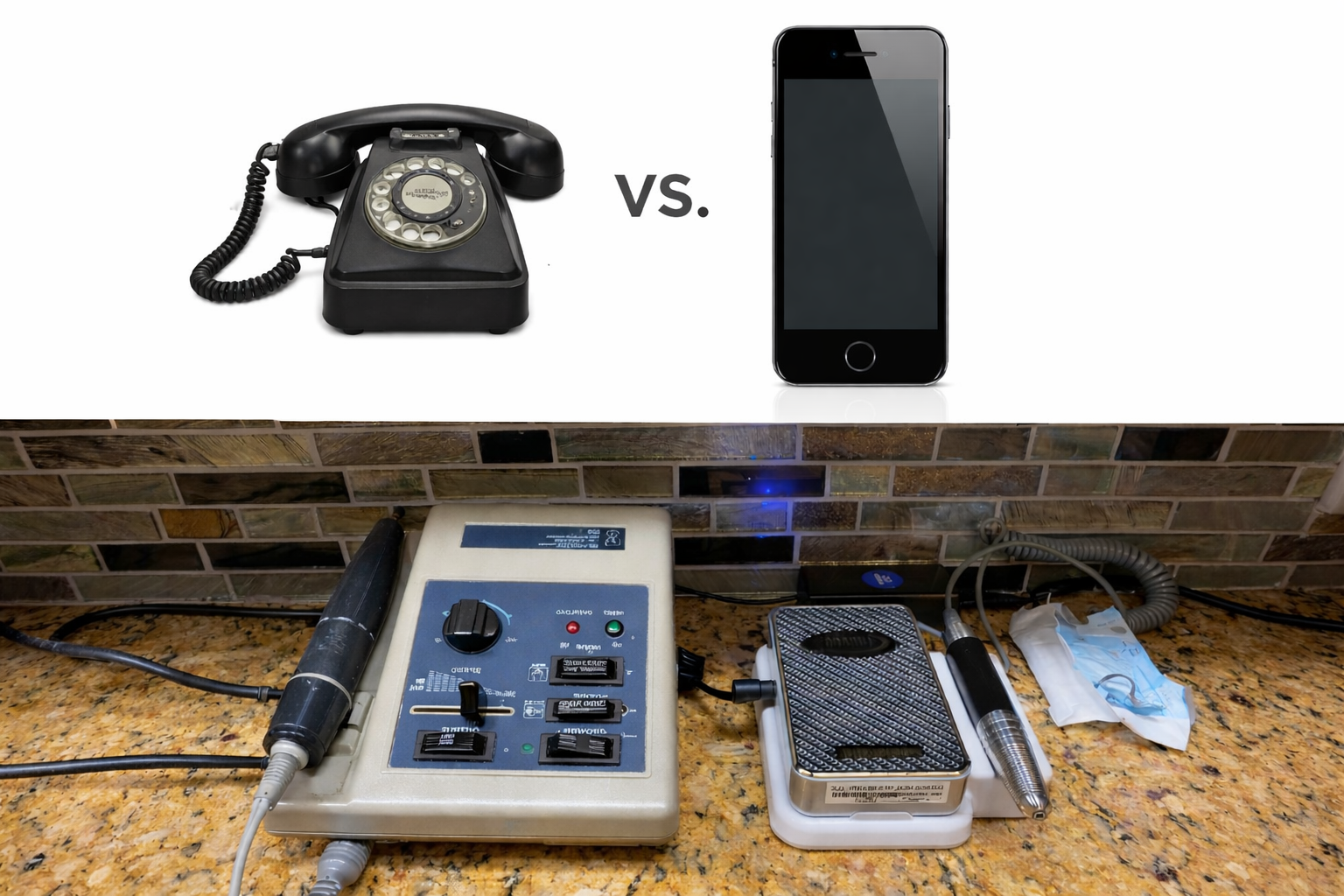 Modern vs outdated lab equipment, like smartphone vs old phone