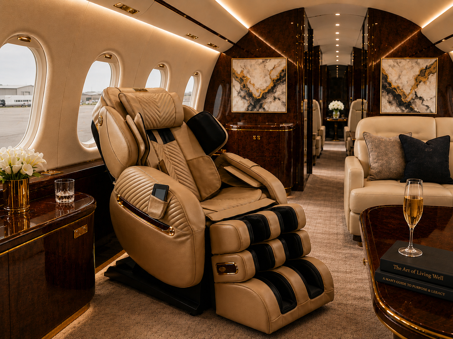 Royal Edition massage chair in a luxury private jet lounge