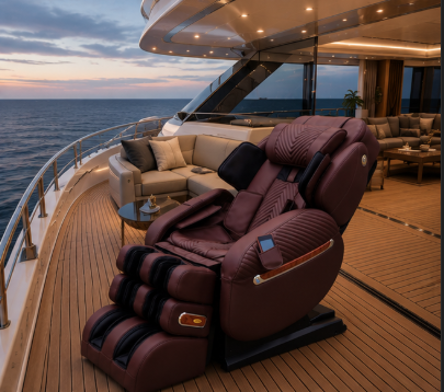 Burgundy Luraco i9 Max Plus Billionaire Edition massage chair on a private yacht deck