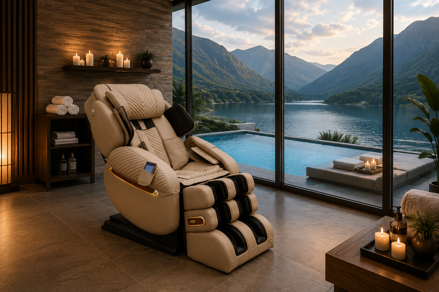 Taupe luxury medical massage chair in a serene spa room overlooking a mountain lake
