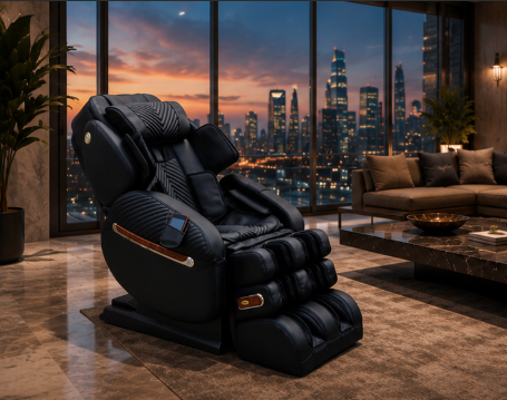 Black luxury medical massage chair in a high-rise penthouse living room at sunset