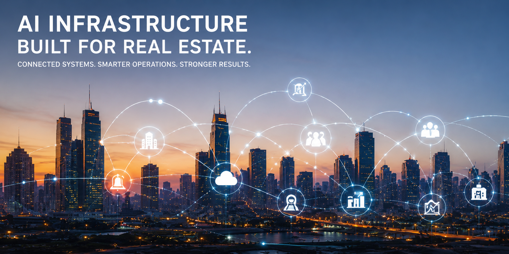 AI infrastructure for real estate showing connected operational systems, AI workflow automation, CRM synchronization, and smart communication networks across a modern city skyline. AI infrastructure for real estate showing connected operational systems, AI workflow automation, CRM synchronization, and smart communication networks across a modern city skyline.