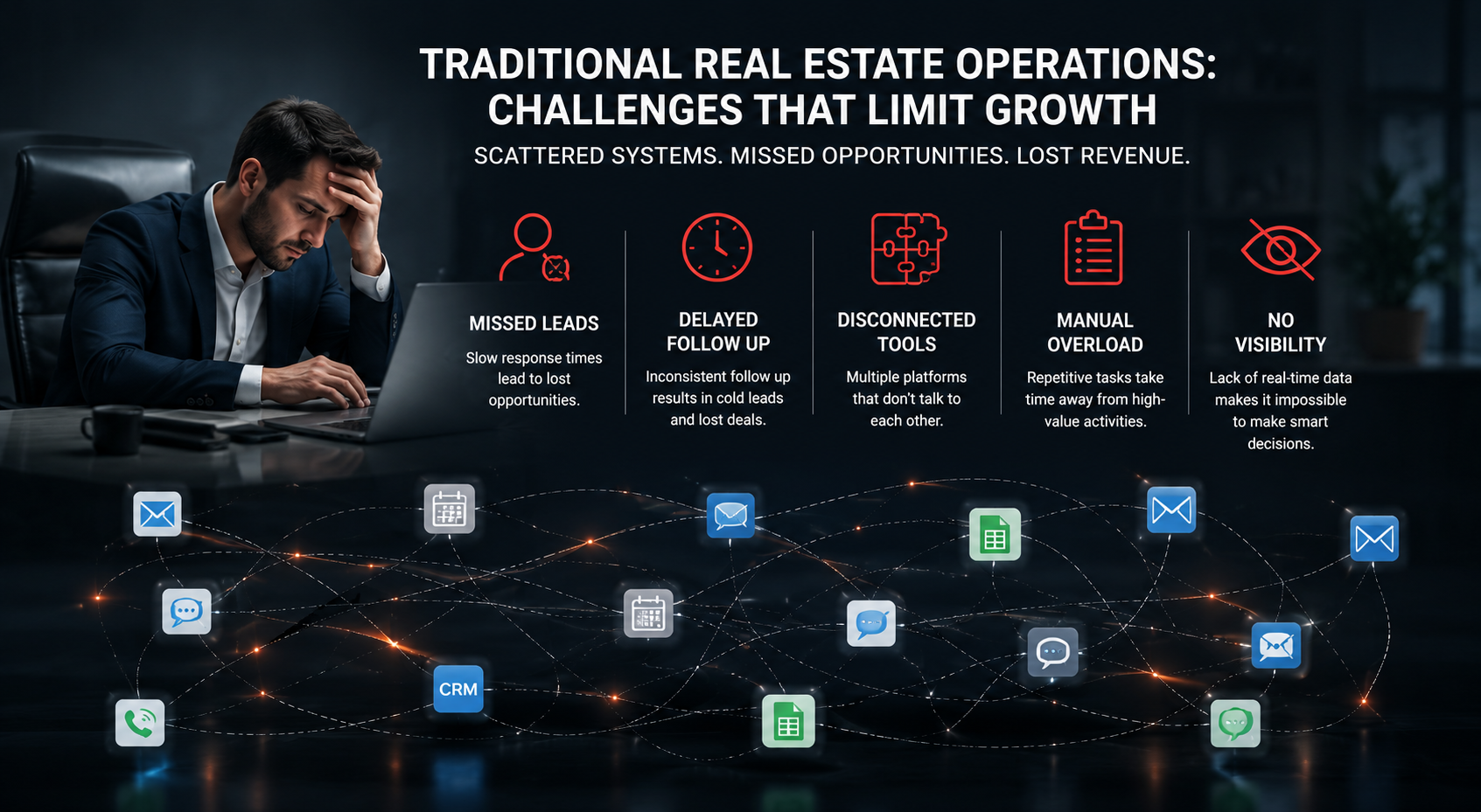 Realtor struggling with fragmented operational systems, missed leads, delayed follow-up, disconnected tools, and communication overload in traditional real estate operations. Realtor struggling with fragmented operational systems, missed leads, delayed follow-up, disconnected tools, and communication overload in traditional real estate operations.