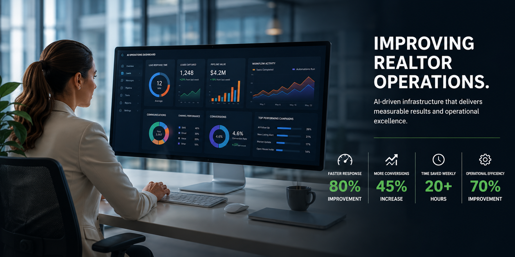 Realtor analyzing AI operational dashboard displaying lead response metrics, pipeline automation, workflow activity, conversion tracking, and operational performance improvements powered by AI infrastructure systems. Realtor analyzing AI operational dashboard displaying lead response metrics, pipeline automation, workflow activity, conversion tracking, and operational performance improvements powered by AI infrastructure systems.