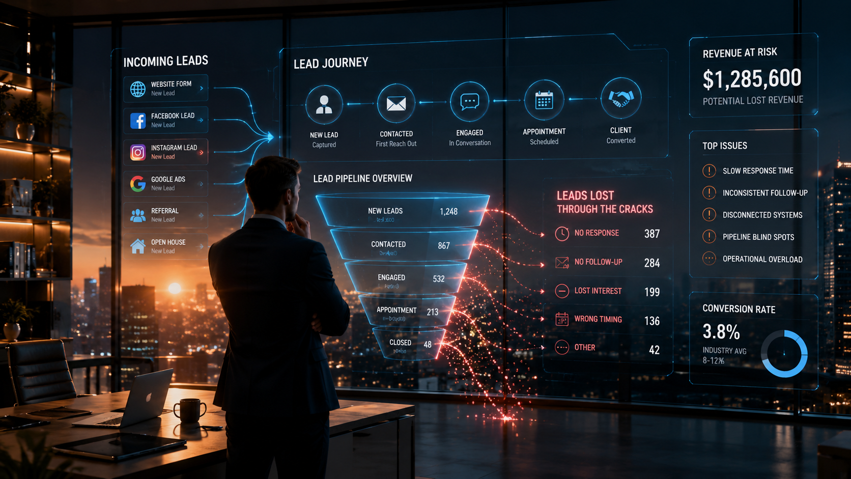 Realtor losing qualified real estate leads through operational gaps, delayed follow-up, disconnected workflows, and lead conversion breakdowns inside a modern AI-driven business environment.