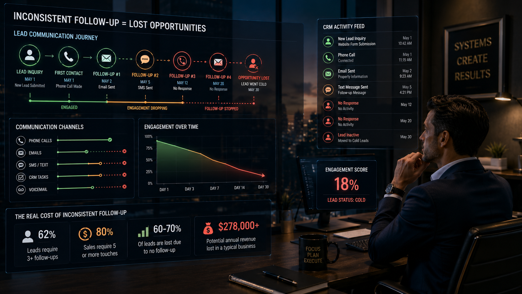 Realtor lead follow-up breakdown showing communication gaps, missed nurturing opportunities, fading client engagement, and lost real estate conversions caused by inconsistent follow-up.