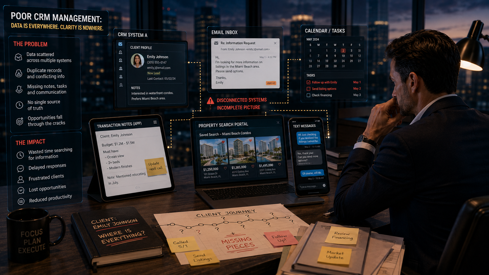 Realtor reviewing fragmented CRM data with incomplete client records, disconnected communication histories, duplicate contacts, and operational blind spots affecting lead conversion.