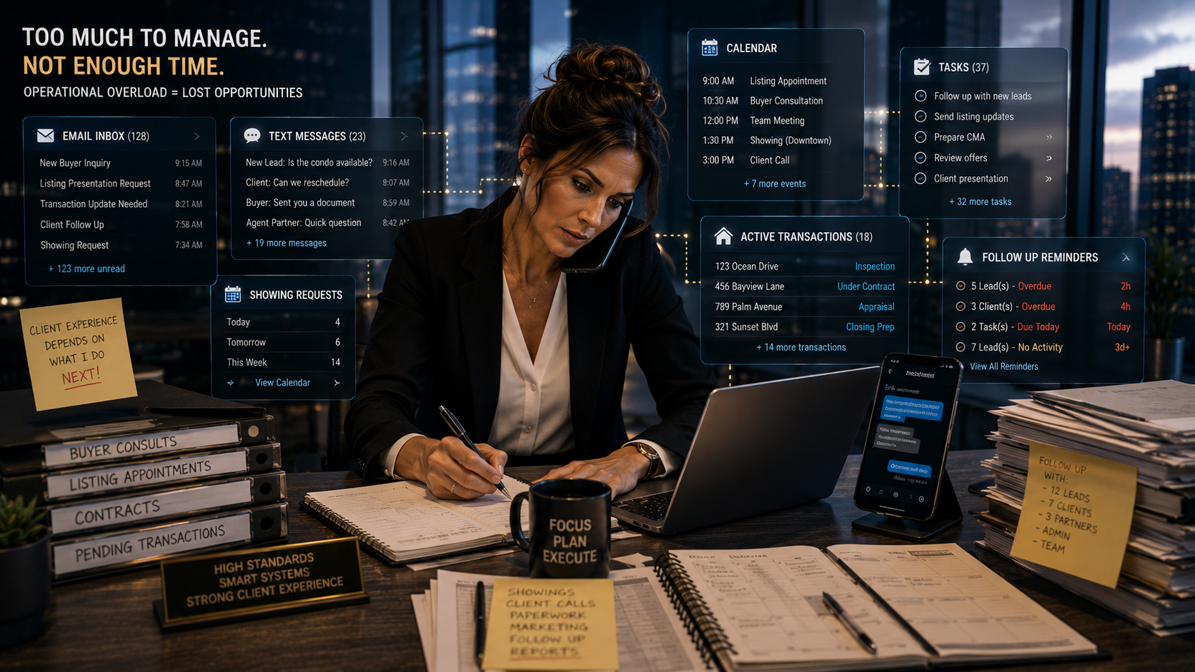 Realtor managing emails, calls, appointments, client communications, transaction tasks, and follow-up responsibilities simultaneously, illustrating operational overload in real estate.