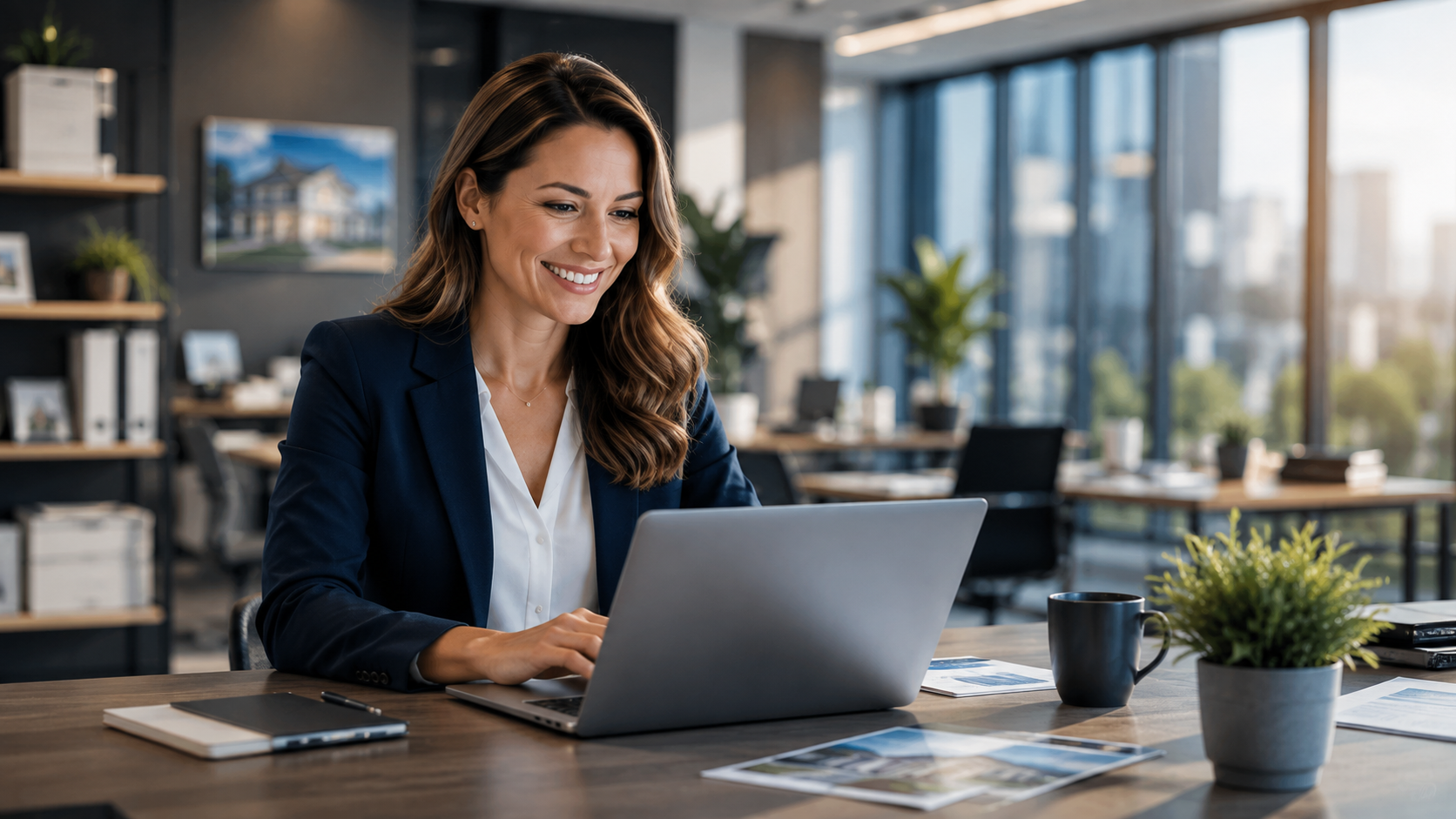 Professional Realtor working in a modern office using AI workflow automation to manage leads, appointments, client communication, and daily business operations. Professional Realtor working in a modern office using AI workflow automation to manage leads, appointments, client communication, and daily business operations.